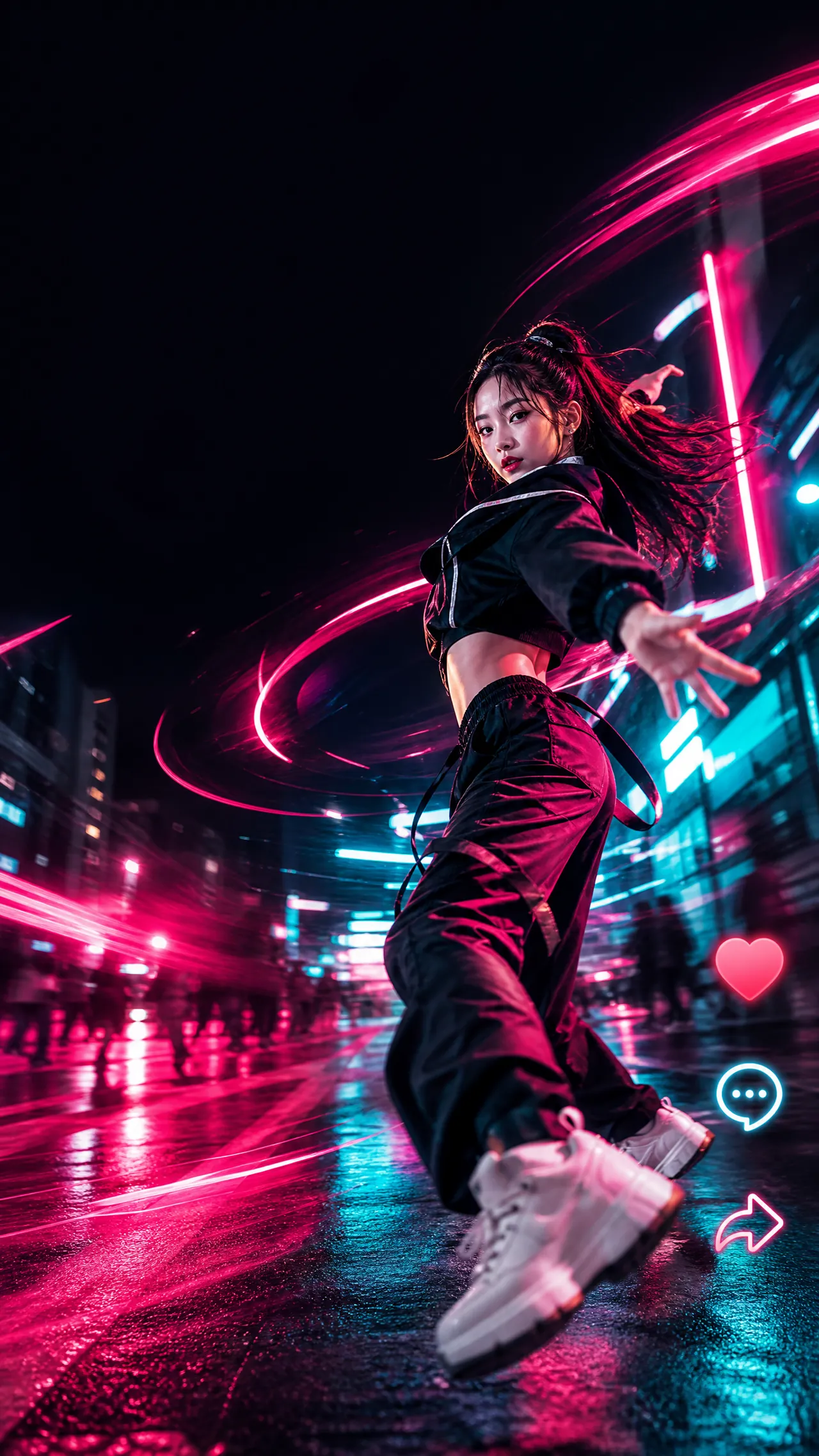 爆款短视频《赛博夜跑》画面：霓虹街区里奔跑的身影与一镜到底运镜